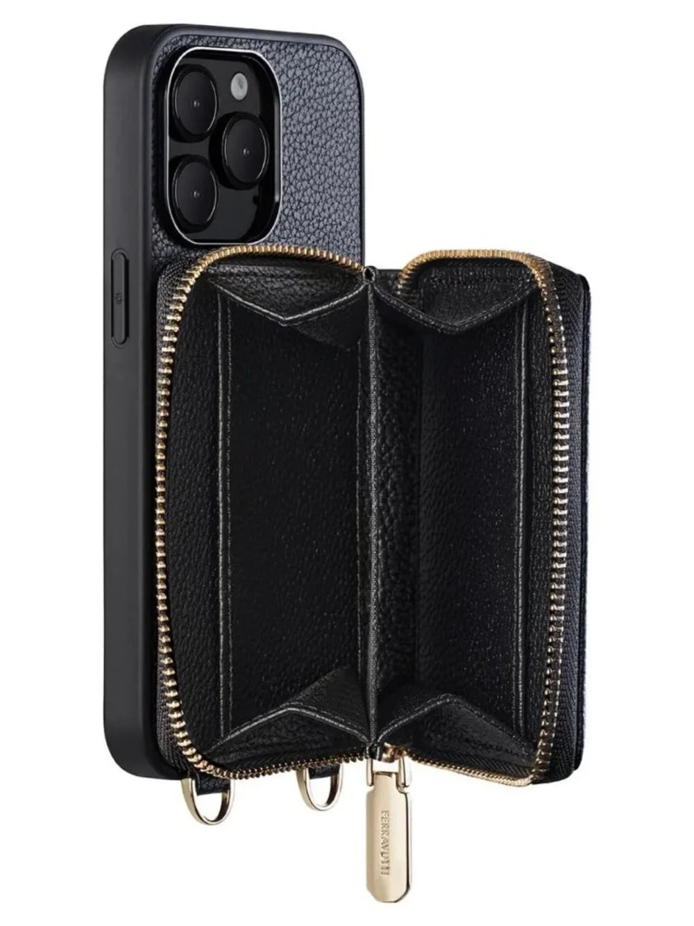 iPhone 13 Pro Crossbody Zipper Wallet Phone Case Black Vegan Leather